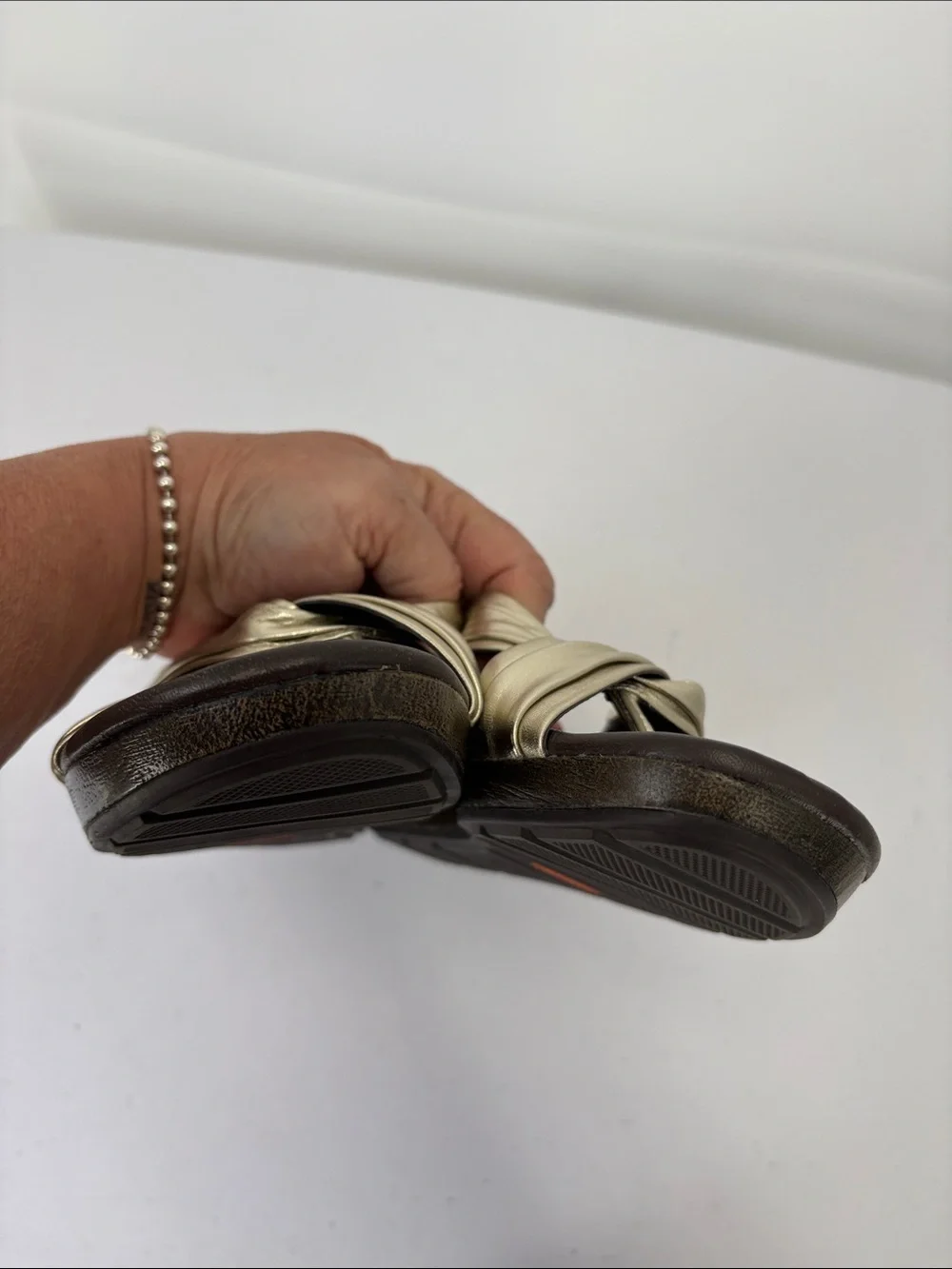 👔 Cole Haan leather wedge Metallic Gold Twisted Strap Slide Sandals